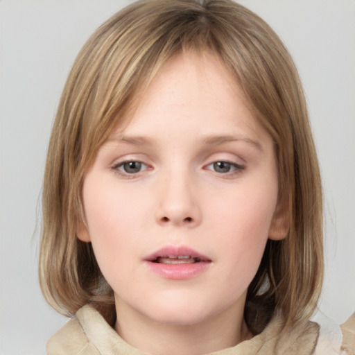 Neutral white child female with medium  brown hair and grey eyes