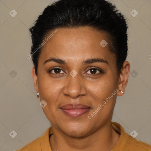 Joyful black young-adult female with short  brown hair and brown eyes