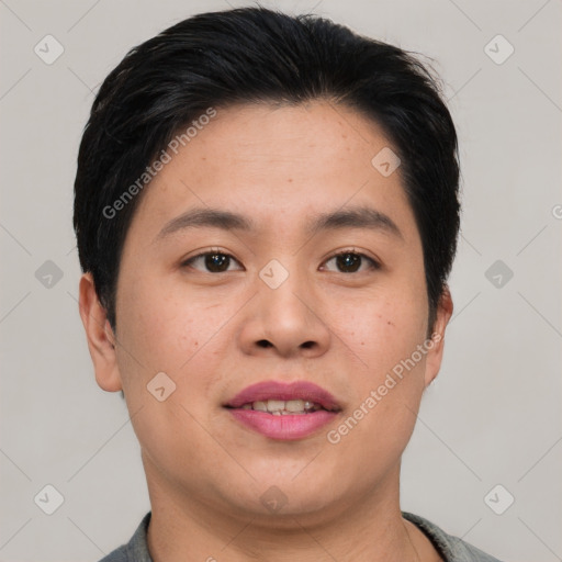 Joyful asian young-adult male with short  black hair and brown eyes