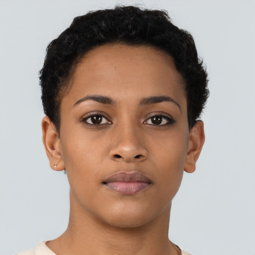 Neutral latino young-adult female with short  brown hair and brown eyes