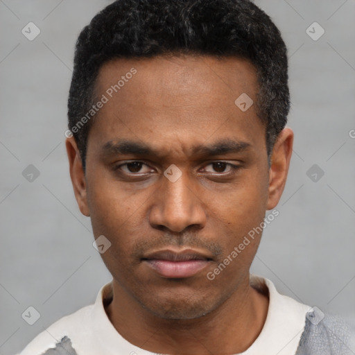 Neutral latino young-adult male with short  black hair and brown eyes