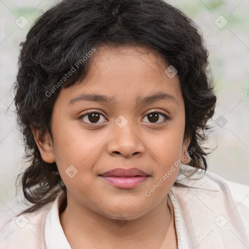 Joyful white child female with medium  brown hair and brown eyes