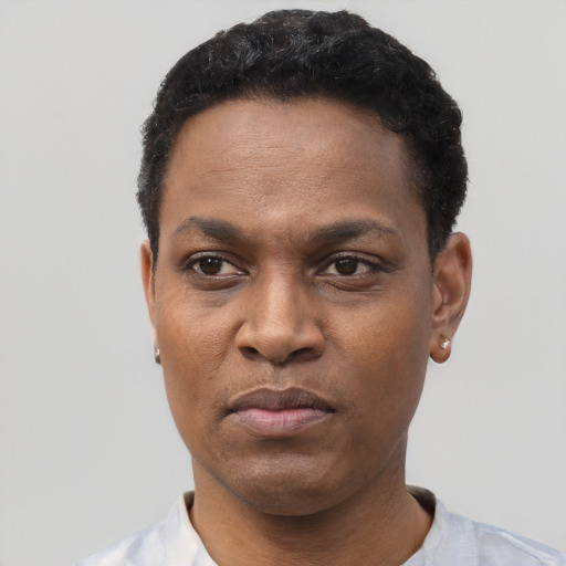 Neutral black adult male with short  black hair and brown eyes