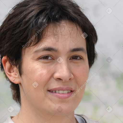 Joyful white adult female with short  brown hair and brown eyes