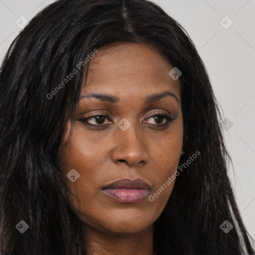 Joyful asian young-adult female with long  brown hair and brown eyes