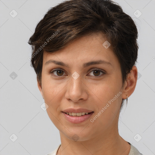 Joyful white young-adult female with short  brown hair and brown eyes