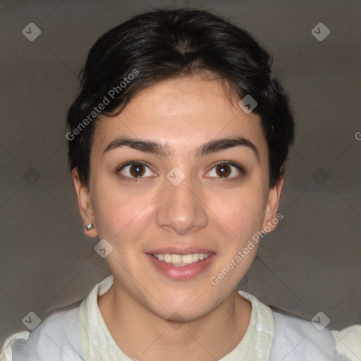 Joyful white young-adult female with short  brown hair and brown eyes