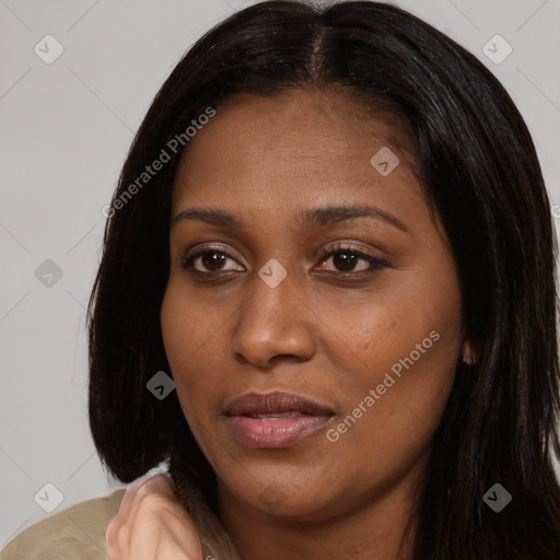 Joyful asian young-adult female with long  brown hair and brown eyes