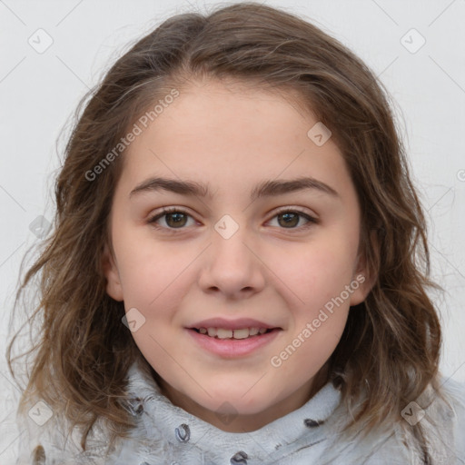 Joyful white child female with medium  brown hair and brown eyes