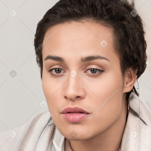 Neutral white young-adult female with short  brown hair and brown eyes