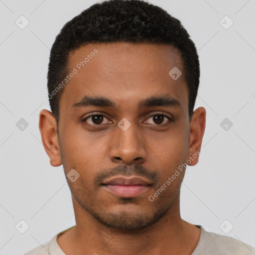 Neutral black young-adult male with short  black hair and brown eyes
