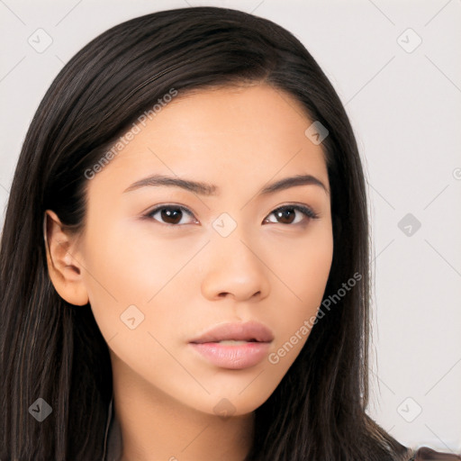 Neutral asian young-adult female with long  brown hair and brown eyes