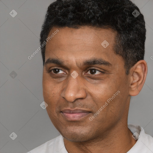 Joyful latino adult male with short  black hair and brown eyes