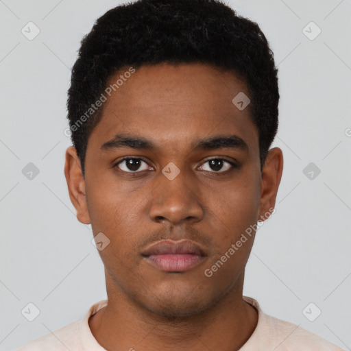 Neutral black young-adult male with short  black hair and brown eyes