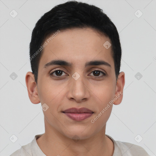 Joyful latino young-adult male with short  black hair and brown eyes