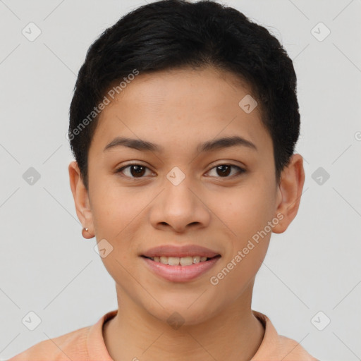 Joyful latino young-adult female with short  brown hair and brown eyes