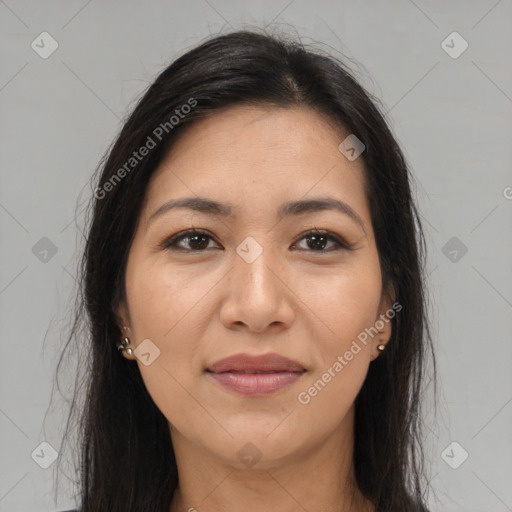 Joyful latino young-adult female with long  brown hair and brown eyes