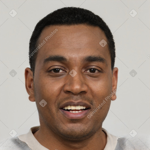 Joyful black young-adult male with short  black hair and brown eyes