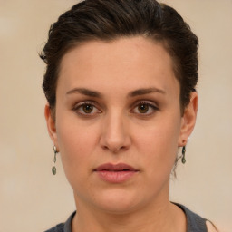 Neutral white young-adult female with short  brown hair and brown eyes