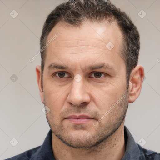 Neutral white adult male with short  brown hair and brown eyes