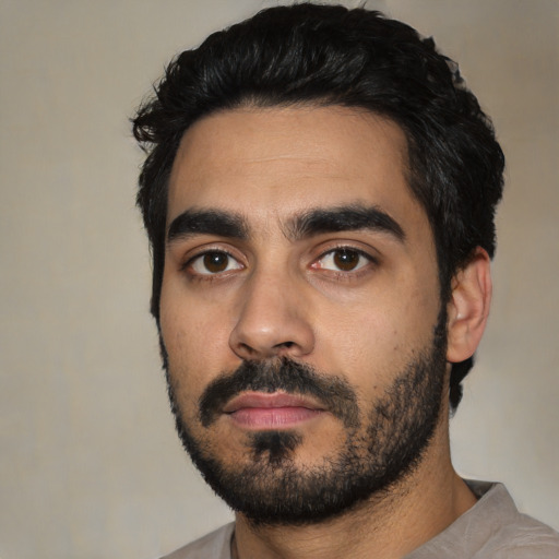 Neutral latino young-adult male with short  black hair and brown eyes