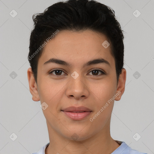 Joyful latino young-adult female with short  brown hair and brown eyes