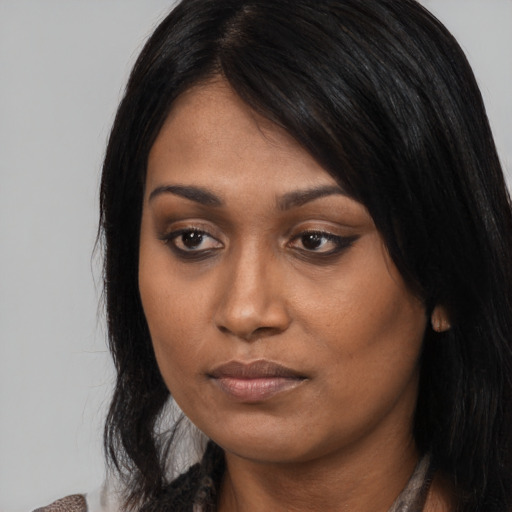 Neutral asian young-adult female with medium  black hair and brown eyes
