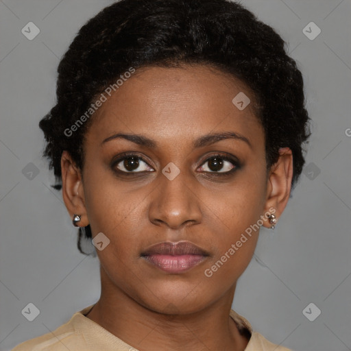 Neutral latino young-adult female with short  brown hair and brown eyes
