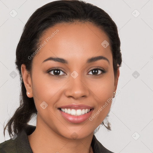 Joyful latino young-adult female with long  brown hair and brown eyes