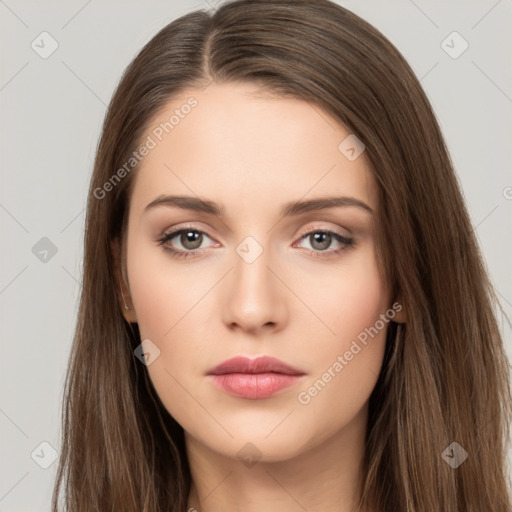 Neutral white young-adult female with long  brown hair and brown eyes