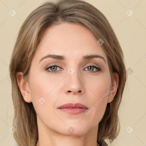 Neutral white young-adult female with long  brown hair and grey eyes