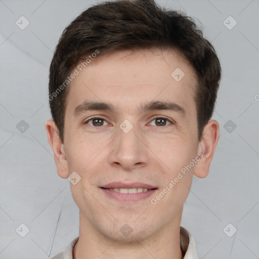 Joyful white young-adult male with short  brown hair and brown eyes