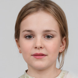 Neutral white child female with medium  brown hair and grey eyes