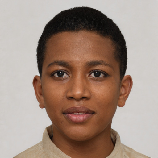 Neutral black young-adult female with short  black hair and brown eyes