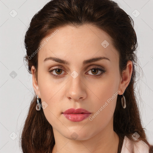 Neutral white young-adult female with long  brown hair and brown eyes