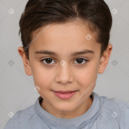 Joyful white child female with short  brown hair and brown eyes