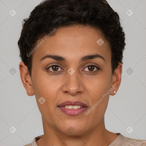 Joyful latino young-adult female with short  brown hair and brown eyes