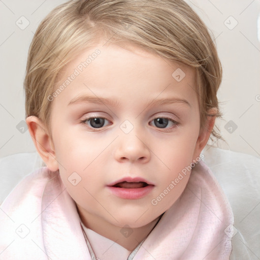 Neutral white child female with medium  brown hair and blue eyes