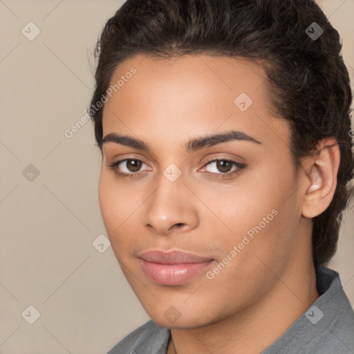 Neutral white young-adult female with short  brown hair and brown eyes