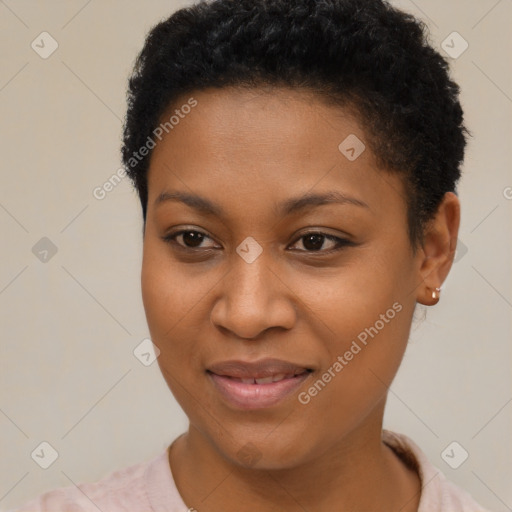 Joyful black young-adult female with short  brown hair and brown eyes