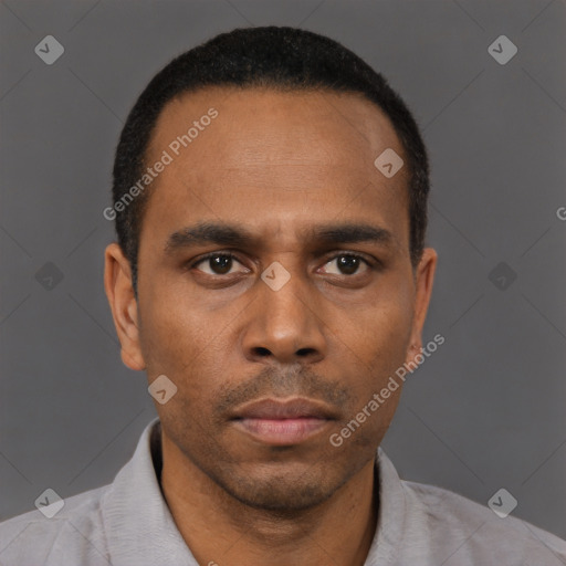 Neutral black young-adult male with short  black hair and brown eyes