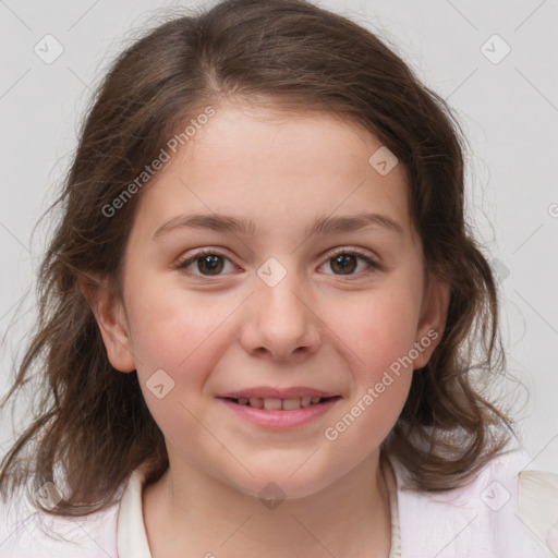 Joyful white child female with medium  brown hair and brown eyes