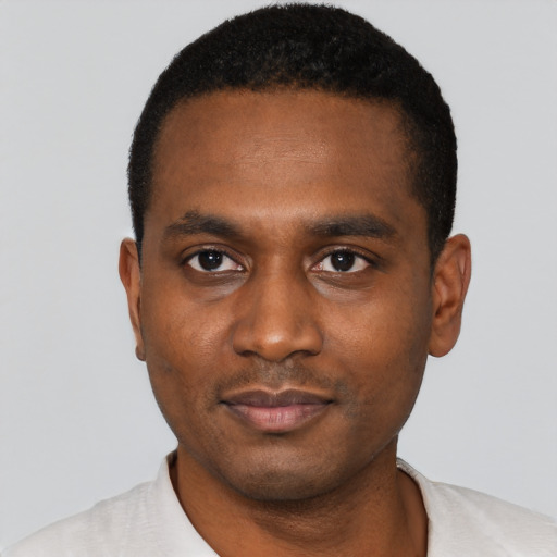 Neutral black young-adult male with short  black hair and brown eyes