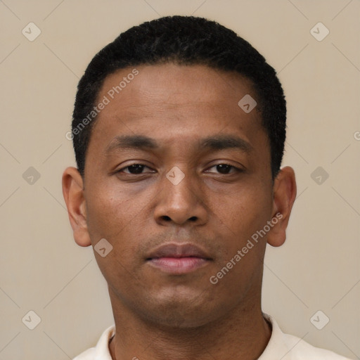 Neutral black young-adult male with short  black hair and brown eyes