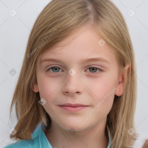 Neutral white child female with medium  brown hair and grey eyes