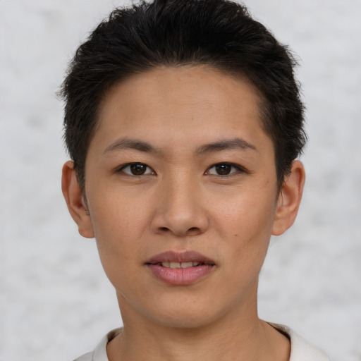 Joyful asian young-adult female with short  brown hair and brown eyes