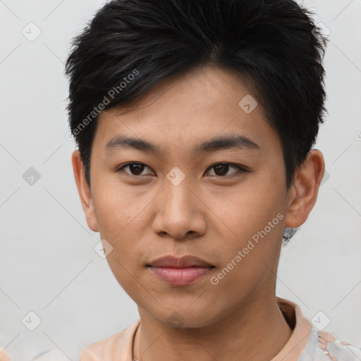 Neutral asian young-adult male with short  brown hair and brown eyes