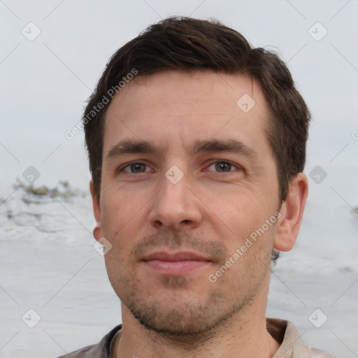 Neutral white adult male with short  brown hair and brown eyes