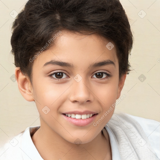 Joyful white child female with short  brown hair and brown eyes