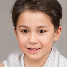 Joyful white child female with short  brown hair and brown eyes